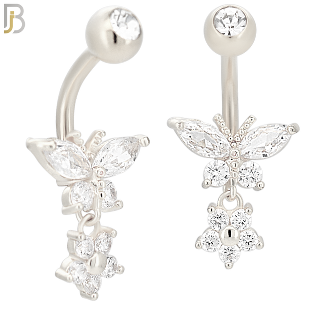 N053 - 316L Stainless Steel Dangling Butterfly with Flower Design Belly Ring with 5mm Screw Ball Top image 1