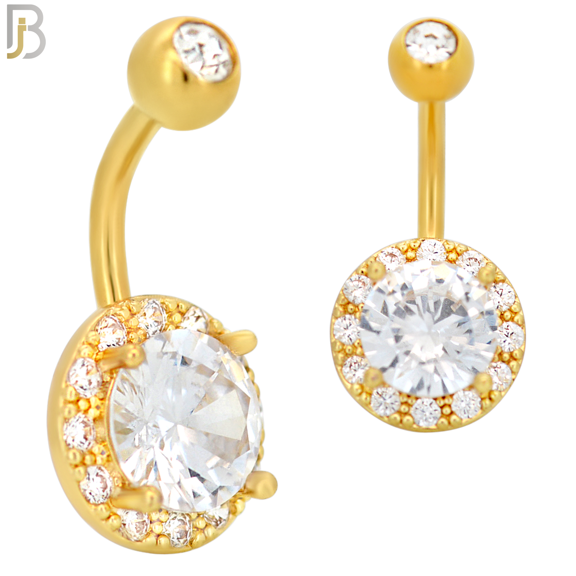 NB21 - 316L Stainless Steel Round Prong with  Zircon Around  Banana Belly Navel Ring image 2