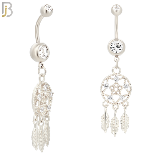 N024  - 316L Stainless Steel Dangling Dream Catcher with Zircon Design Belly Ring with 5mm Screw Ball image 1