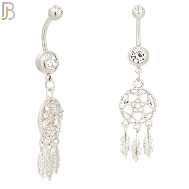 N024  - 316L Stainless Steel Dangling Dream Catcher with Zircon Design Belly Ring with 5mm Screw Ball image 1