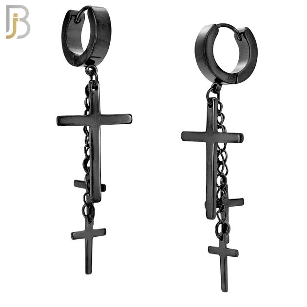 ES39 - 316L Stainless Steel Dangling 3 Cross Design Huggies Clip On image 1