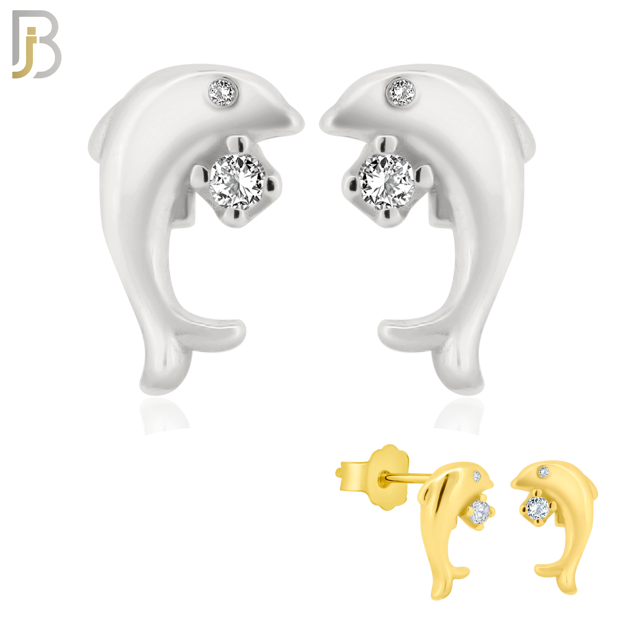 925-ES199 - .925 Sterling Silver Dolphin Design Earring Stud with Clear Zircon image 0