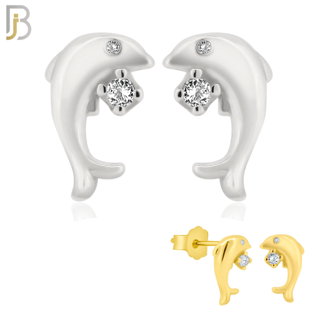 925-ES199 - .925 Sterling Silver Dolphin Design Earring Stud with Clear Zircon image 0