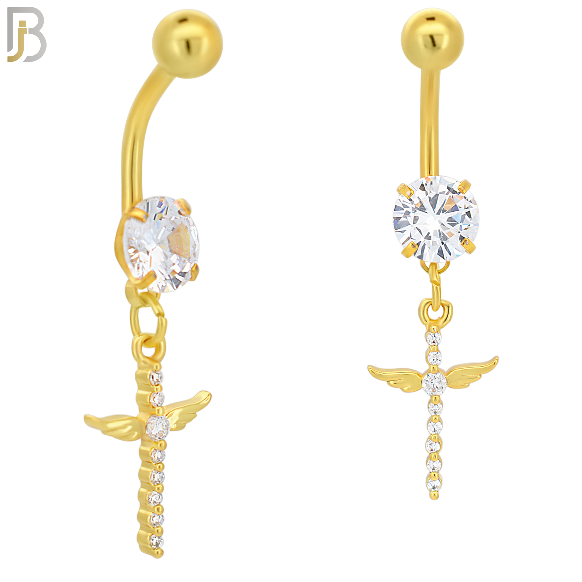 N048 - 316L Stainless Steel Dangling Cross Angel Wing with Zircon Design Belly Ring with 5mm Screw Ball image 2