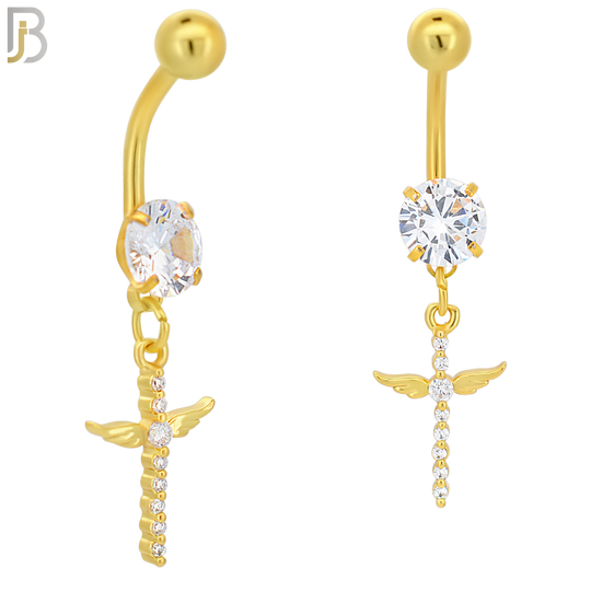 N048 - 316L Stainless Steel Dangling Cross Angel Wing with Zircon Design Belly Ring with 5mm Screw Ball image 2