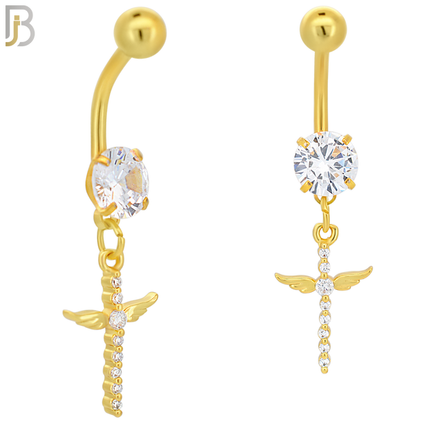 N048 - 316L Stainless Steel Dangling Cross Angel Wing with Zircon Design Belly Ring with 5mm Screw Ball image 2