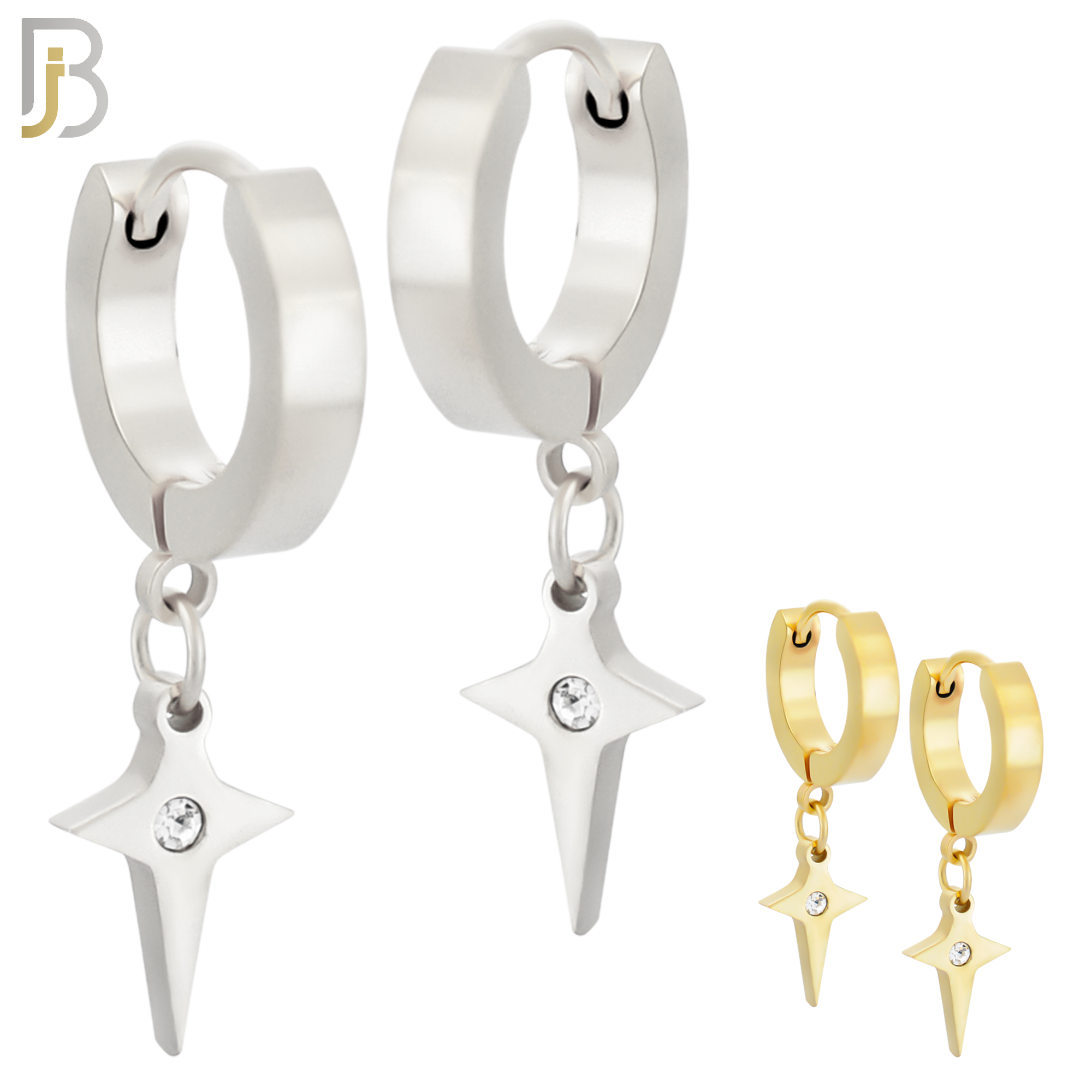 ES102 - 316L Stainless Steel Dangling Cross Spike with Bezel Zircon Huggies Clip On image 0