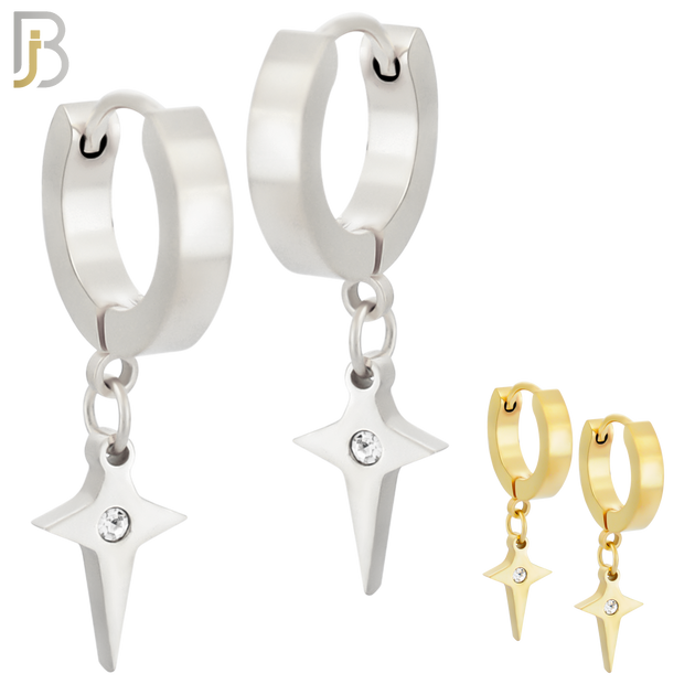 ES102 - 316L Stainless Steel Dangling Cross Spike with Bezel Zircon Huggies Clip On image 0
