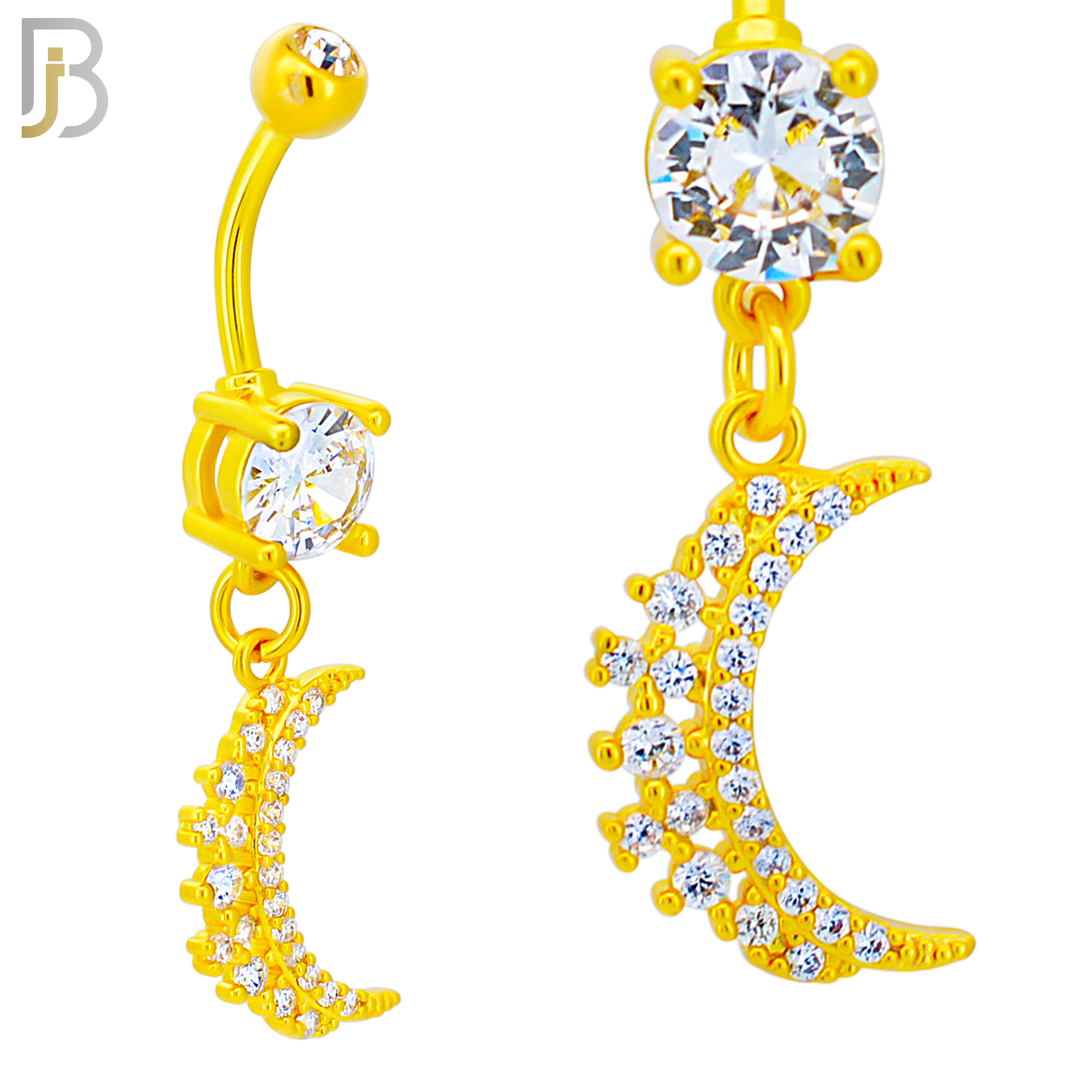 N037 - 316L Stainless Steel Dangling Crescent Moon  Zircon Design Belly Ring with 4mm Screw Ball - Gold Plated image