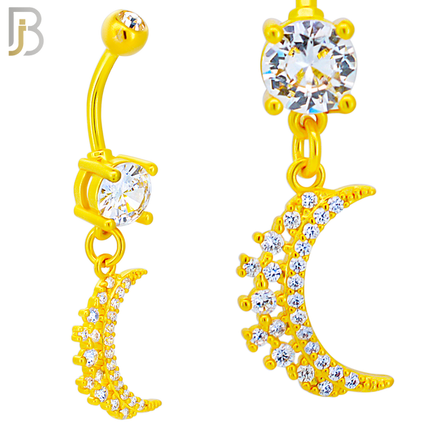 N037 - 316L Stainless Steel Dangling Crescent Moon  Zircon Design Belly Ring with 4mm Screw Ball - Gold Plated image