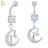 N0120 - 316L Stainless Steel Dangling Moon with Cat and Star and Multi Zircon Belly Ring image 0