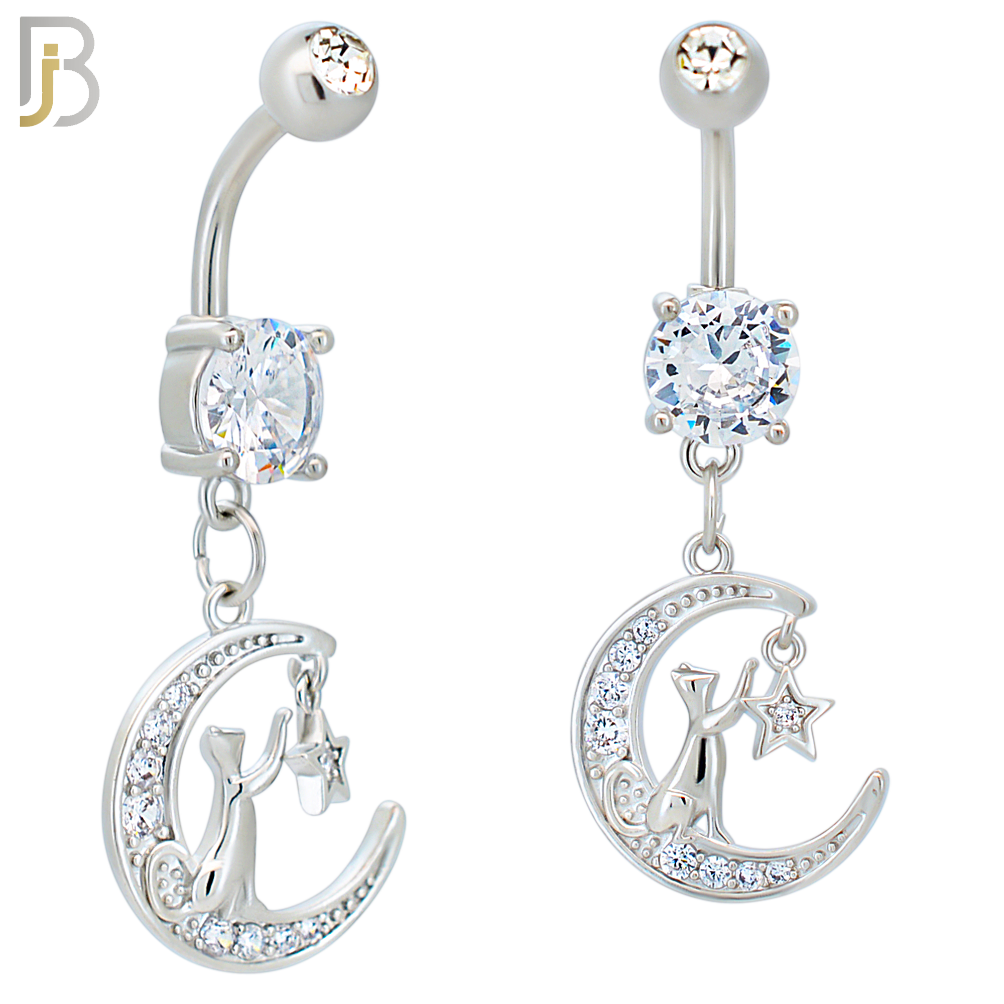 N0120 - 316L Stainless Steel Dangling Moon with Cat and Star and Multi Zircon Belly Ring image 0