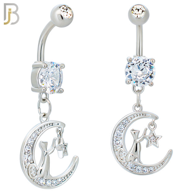 N0120 - 316L Stainless Steel Dangling Moon with Cat and Star and Multi Zircon Belly Ring image 0