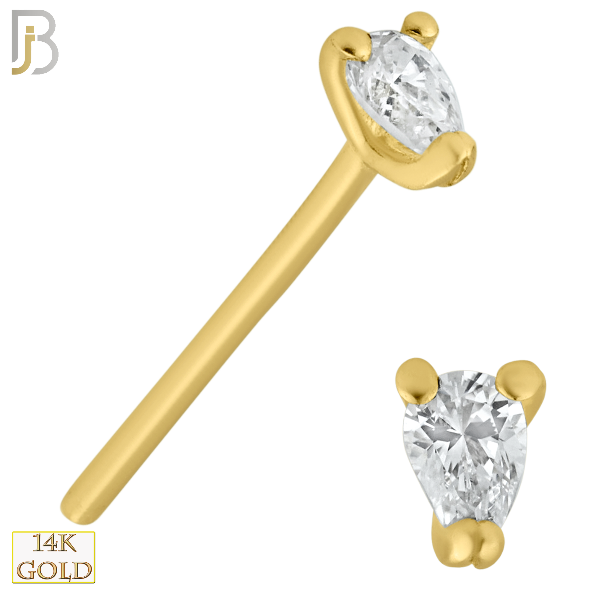 14-NR32S- 14k Solid Gold "Bend It Yourself" Straight Nose Ring with Tear Drop Shape CZ in Prong Setting image 0