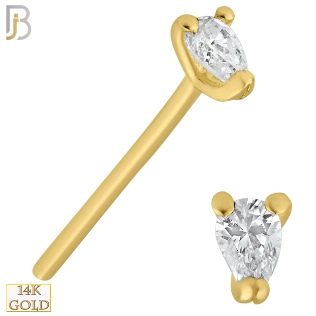 14-NR32S- 14k Solid Gold "Bend It Yourself" Straight Nose Ring with Tear Drop Shape CZ in Prong Setting image 0