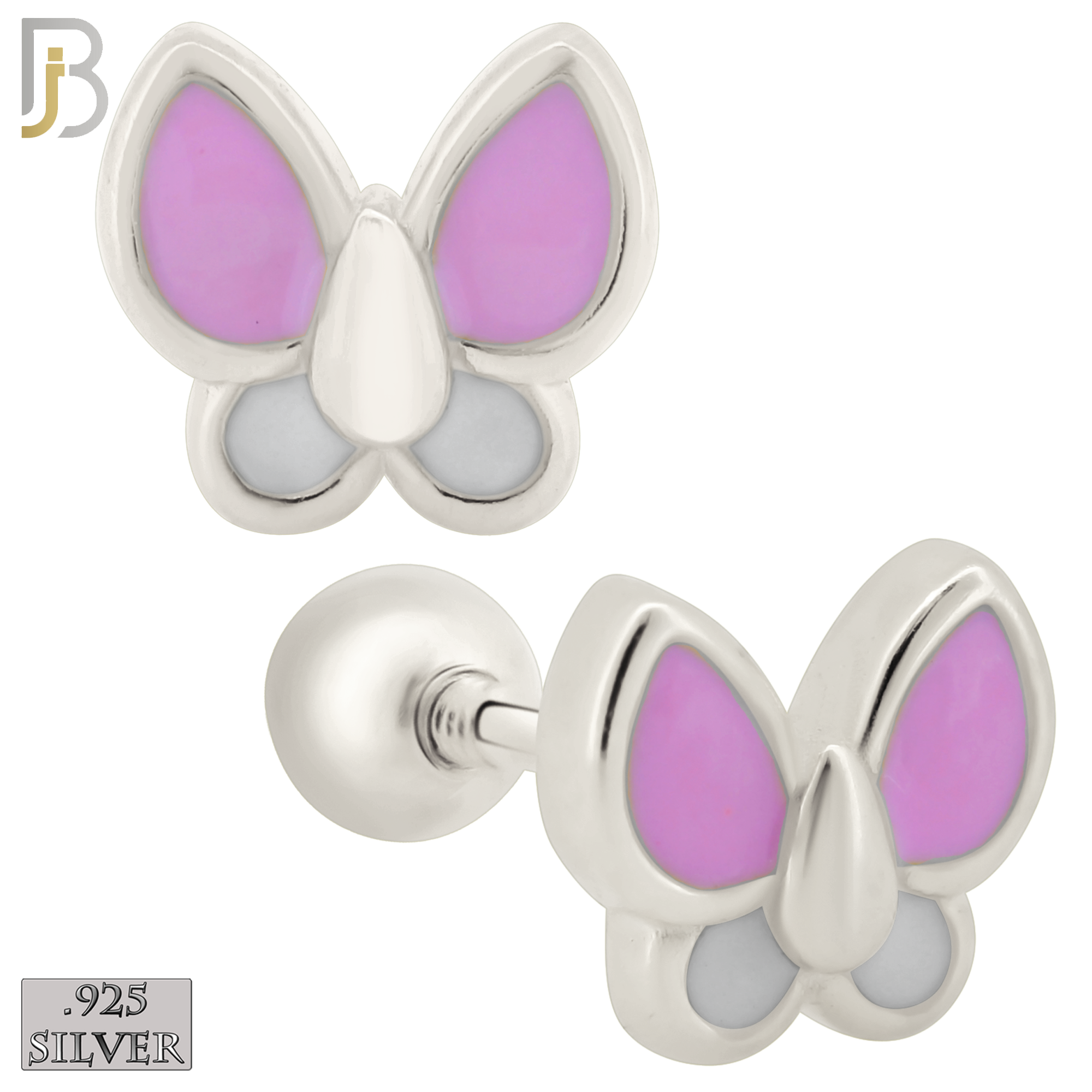 925-ES430 - Screw Ball Back - .925 Sterling Silver Pink & White Enamel Butterfly Earrings Stud image 0