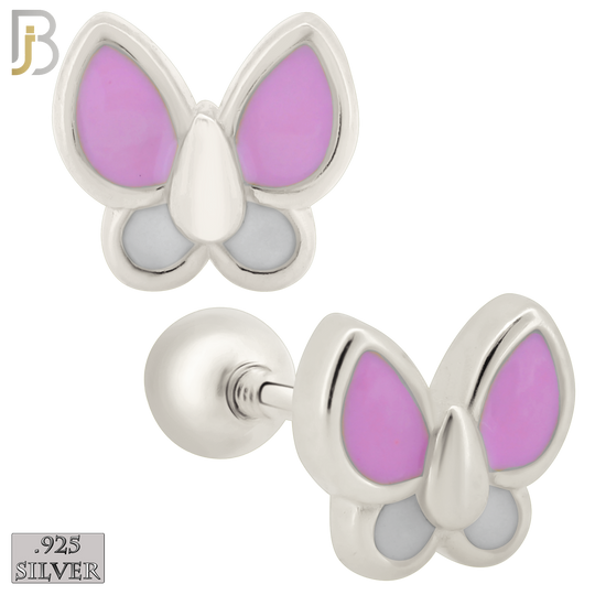 925-ES430 - Screw Ball Back - .925 Sterling Silver Pink & White Enamel Butterfly Earrings Stud image 0