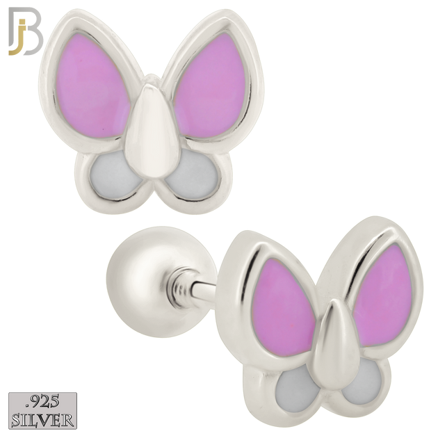 925-ES430 - Screw Ball Back - .925 Sterling Silver Pink & White Enamel Butterfly Earrings Stud image 0