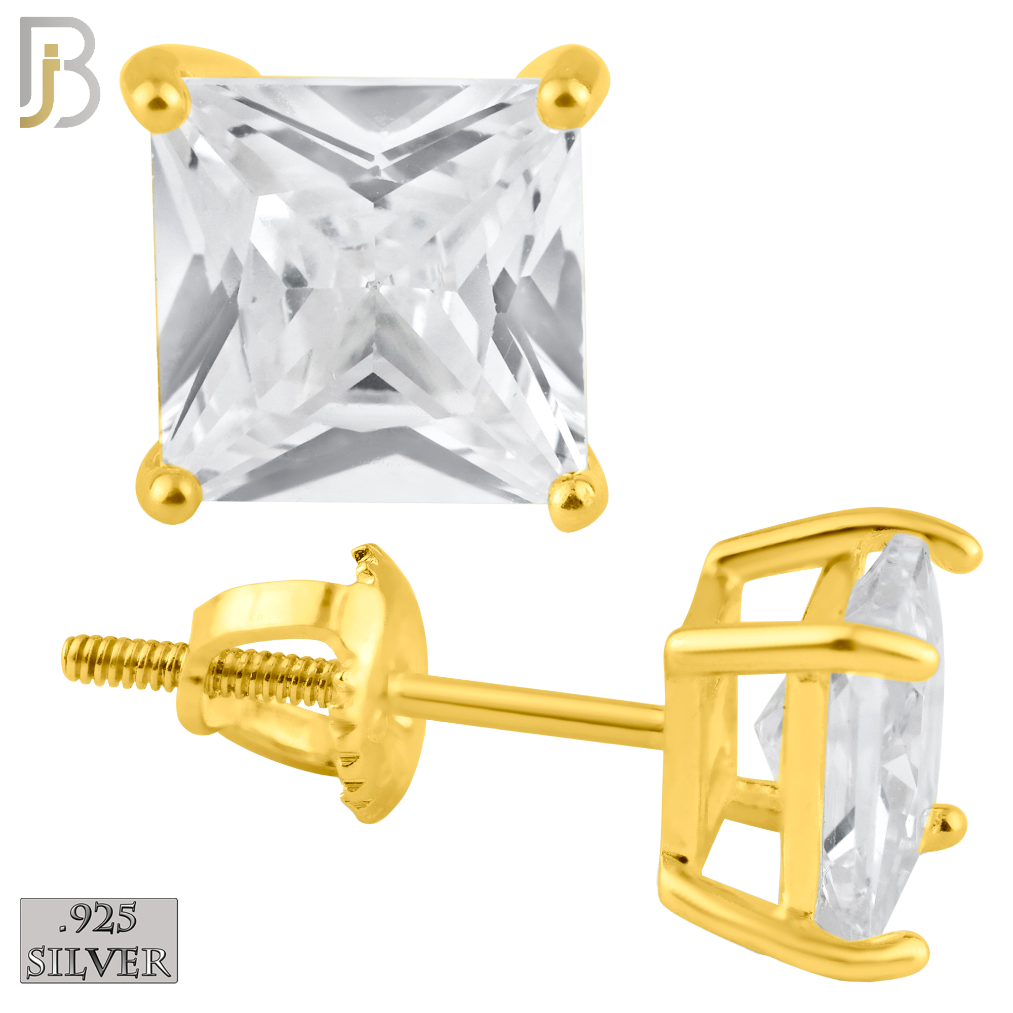 925-ES80-GC - .925 Sterling Silver Screw Back Stud Earrings with Square Clear Zircon in Casting Prong Setting image 0