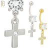 N0110  - 316L Stainless Steel Dangling Plain Cross with Center Zircon Belly Ring image 0