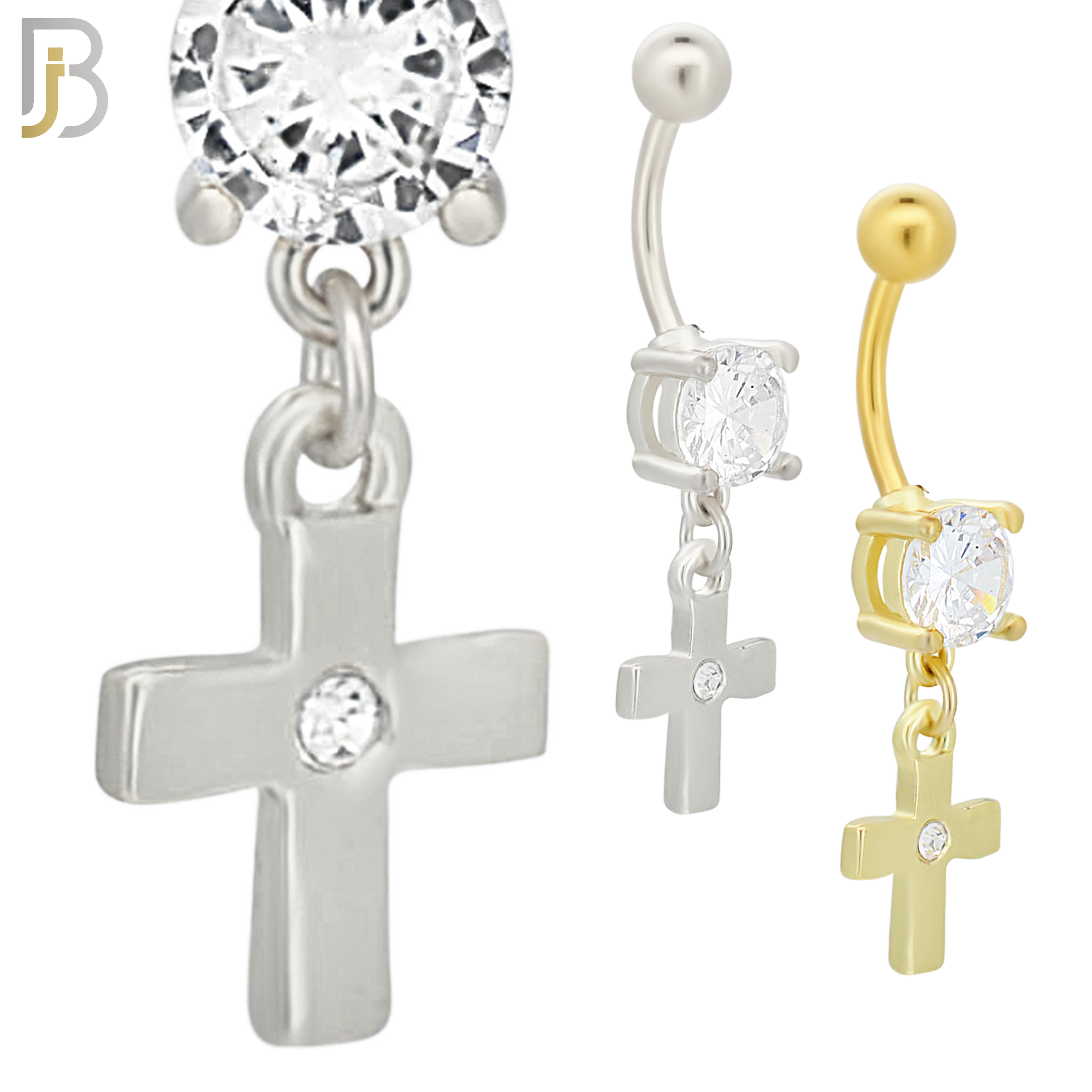 N0110  - 316L Stainless Steel Dangling Plain Cross with Center Zircon Belly Ring image 0
