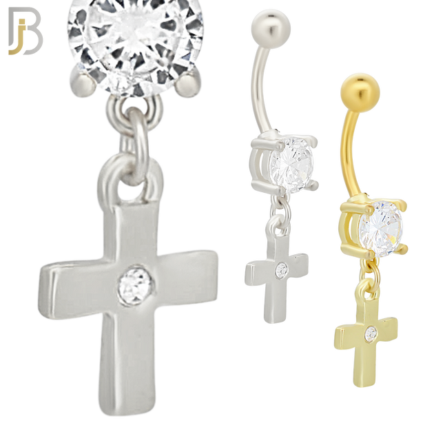N0110  - 316L Stainless Steel Dangling Plain Cross with Center Zircon Belly Ring image 0