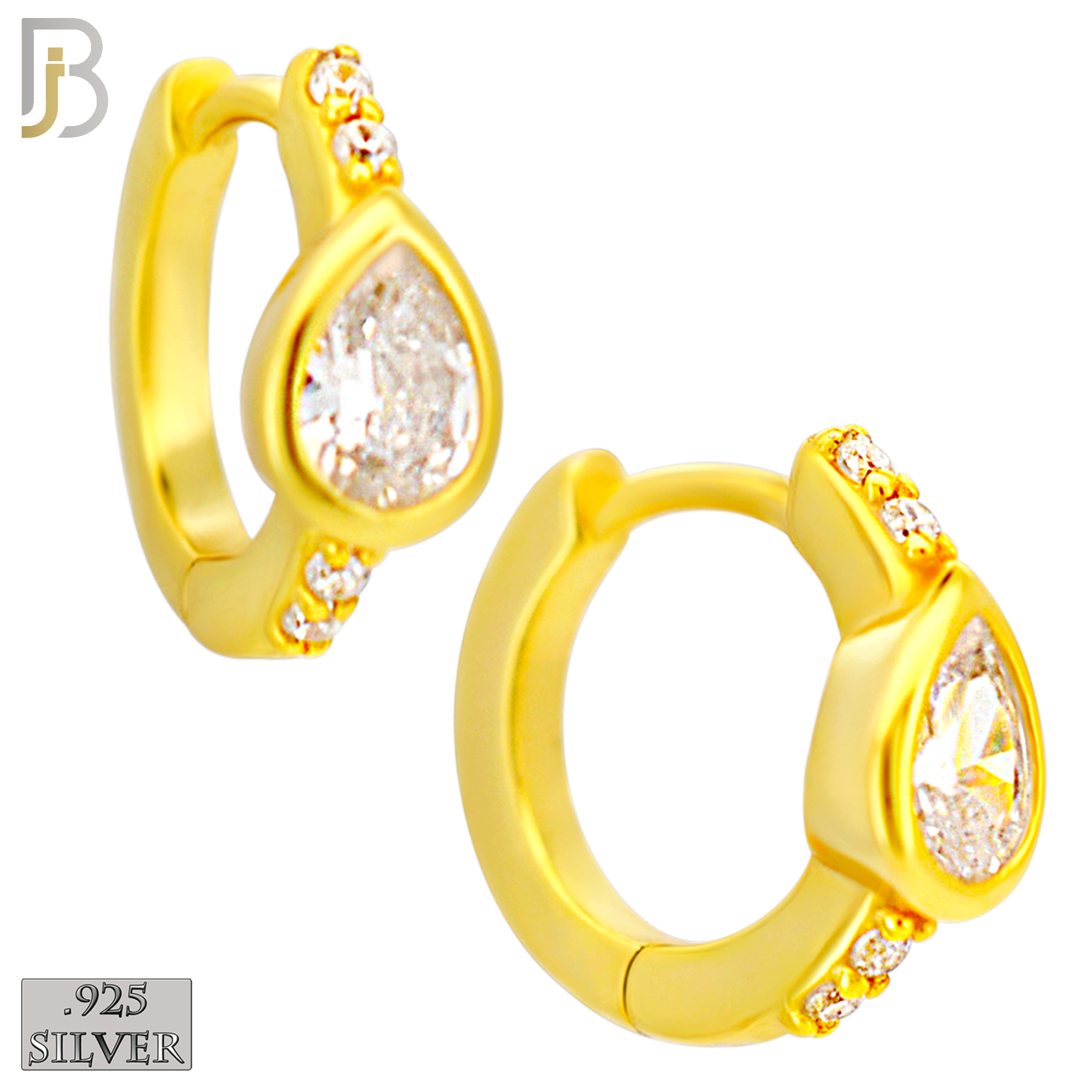 925-ES481 - 925 Sterling Silver Pear CZ in Bezel Setting with Side CZs Huggies Earrings image 2