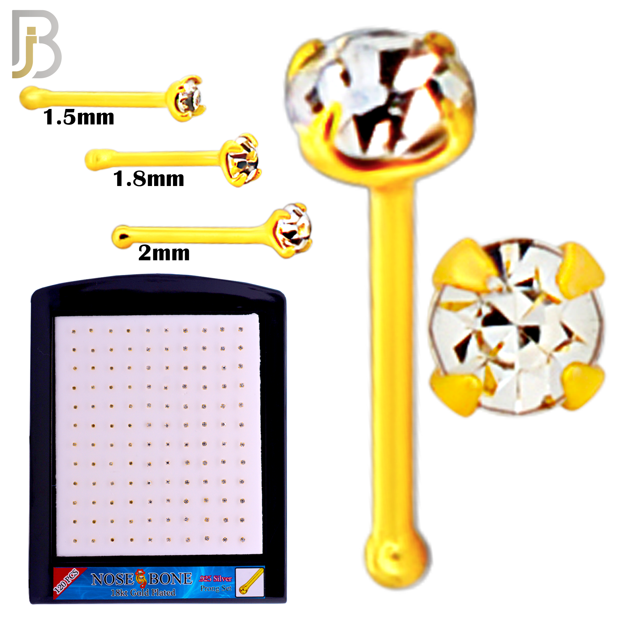 925-PK-NR01Y-3C - Mixed of 1.5mm, 1.8mm, 2mm 22g Thickness 18KT Gold Plated  925 Sterling Silver Nose Bones, Prong Set Packages Pack of 120 image 1