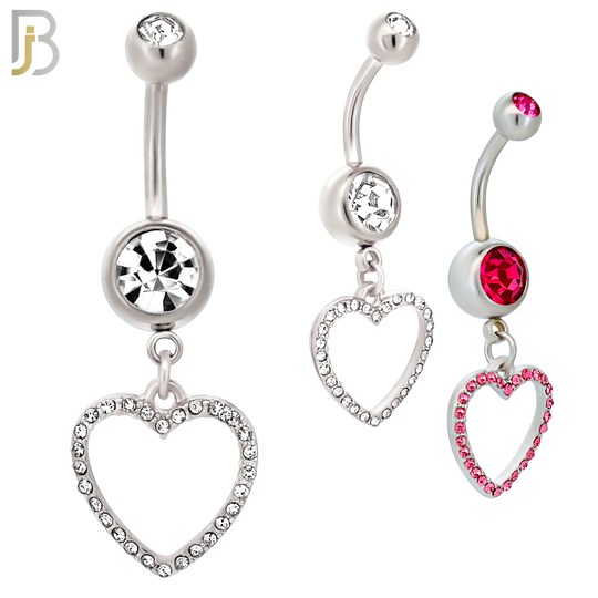 N026  - 316L Stainless Steel Dangling Hollow Heart with Zircon Design Belly Ring with 4mm Screw Ball image 0