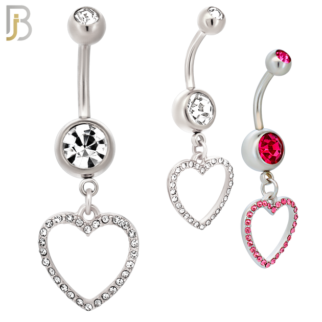 N026  - 316L Stainless Steel Dangling Hollow Heart with Zircon Design Belly Ring with 4mm Screw Ball image 0