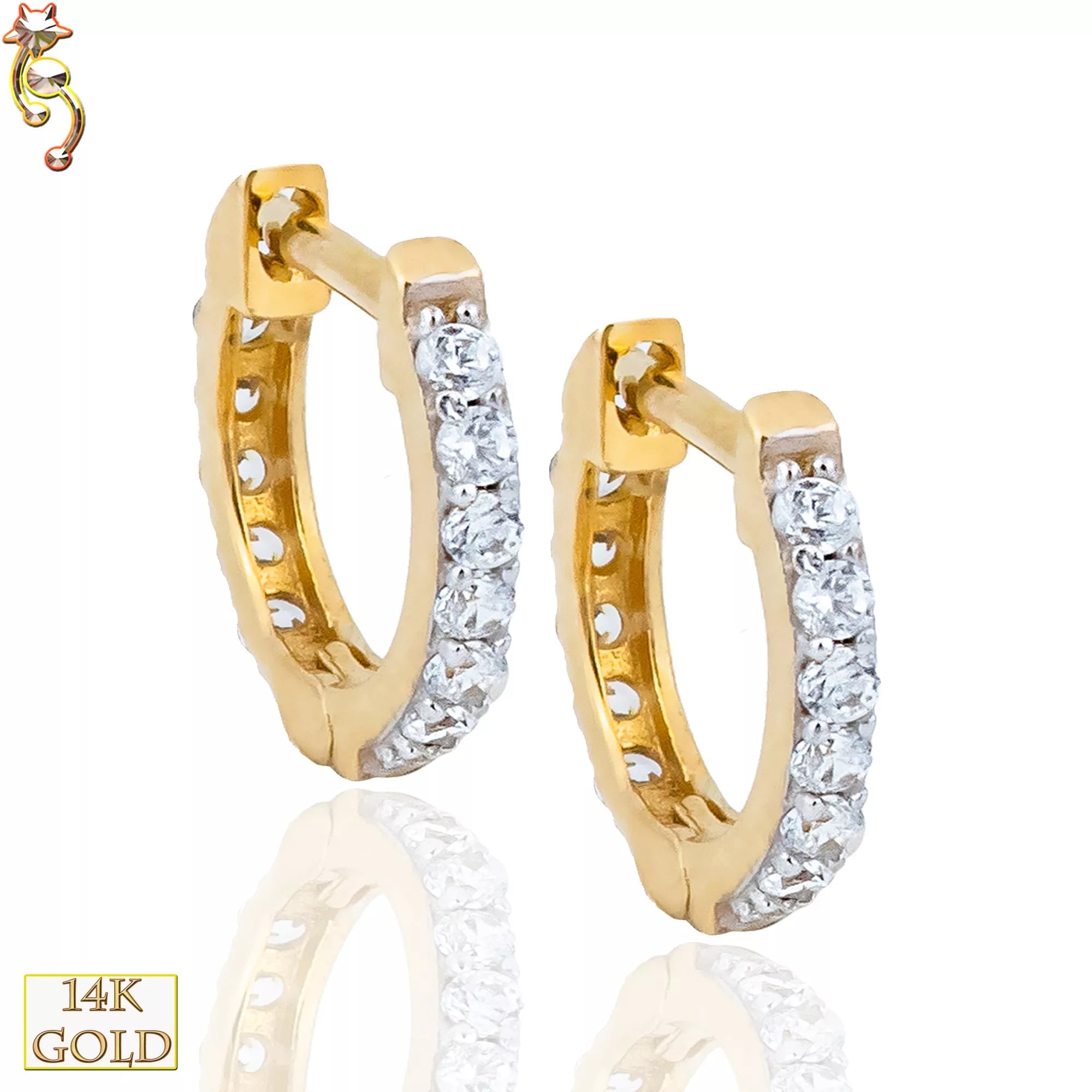 14-ES28 - 14K Solid Gold Huggies Earrings 1.2mm Thick Front View w/ 12 CZ image 0