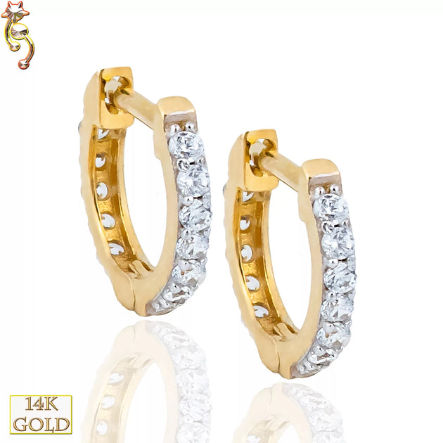 14-ES28 - 14K Solid Gold Huggies Earrings 1.2mm Thick Front View w/ 12 CZ image 0