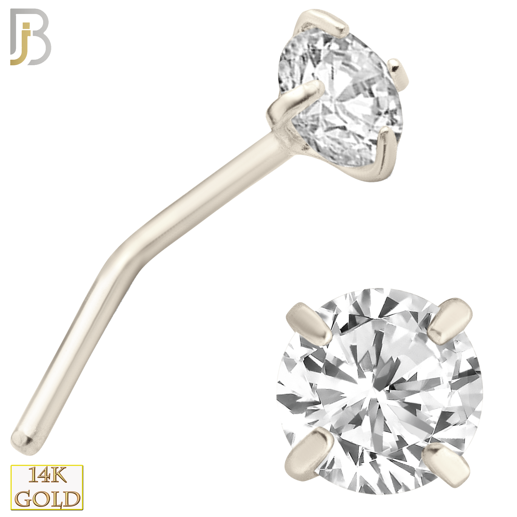 14-NR10DW - 22g Thickness 14k Solid White Gold Prong Setting  Round Si1 Diamond L-Shape - 3.5mm image