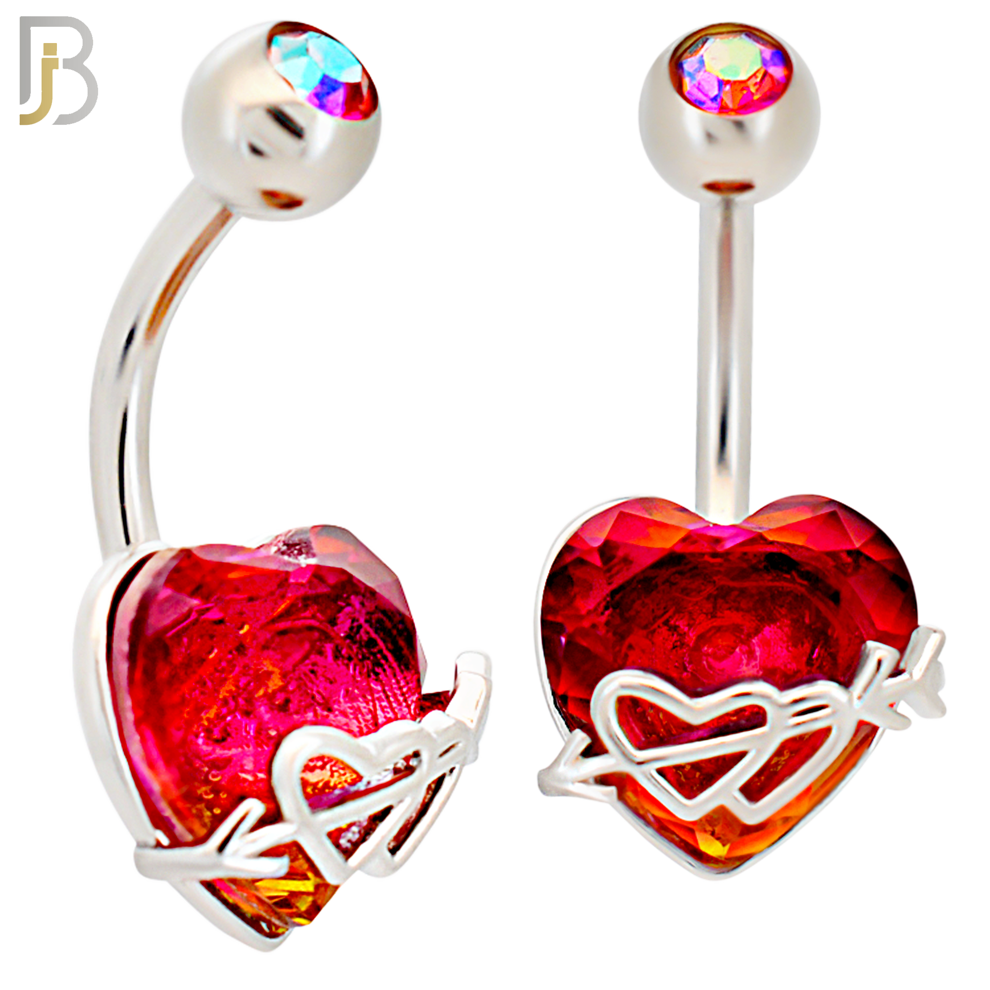 NB82 - 316L Stainless Steel Heart Shaped CZ and Horizontal Double Heart and Arrow Strap Belly Ring image 0