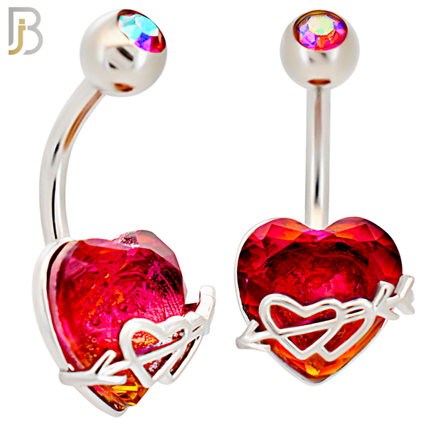 NB82 - 316L Stainless Steel Heart Shaped CZ and Horizontal Double Heart and Arrow Strap Belly Ring image 0