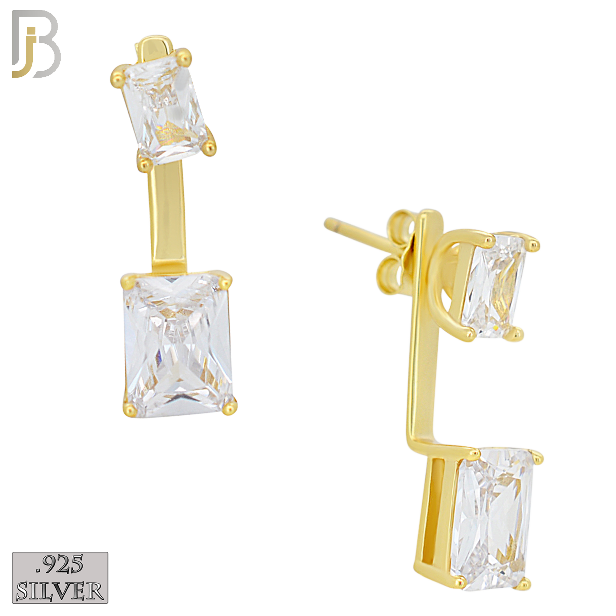 925-ES485 - 925 Sterling Silver Double Rectangle CZ in Prong Set Push Back L-Dangle Earring image 1
