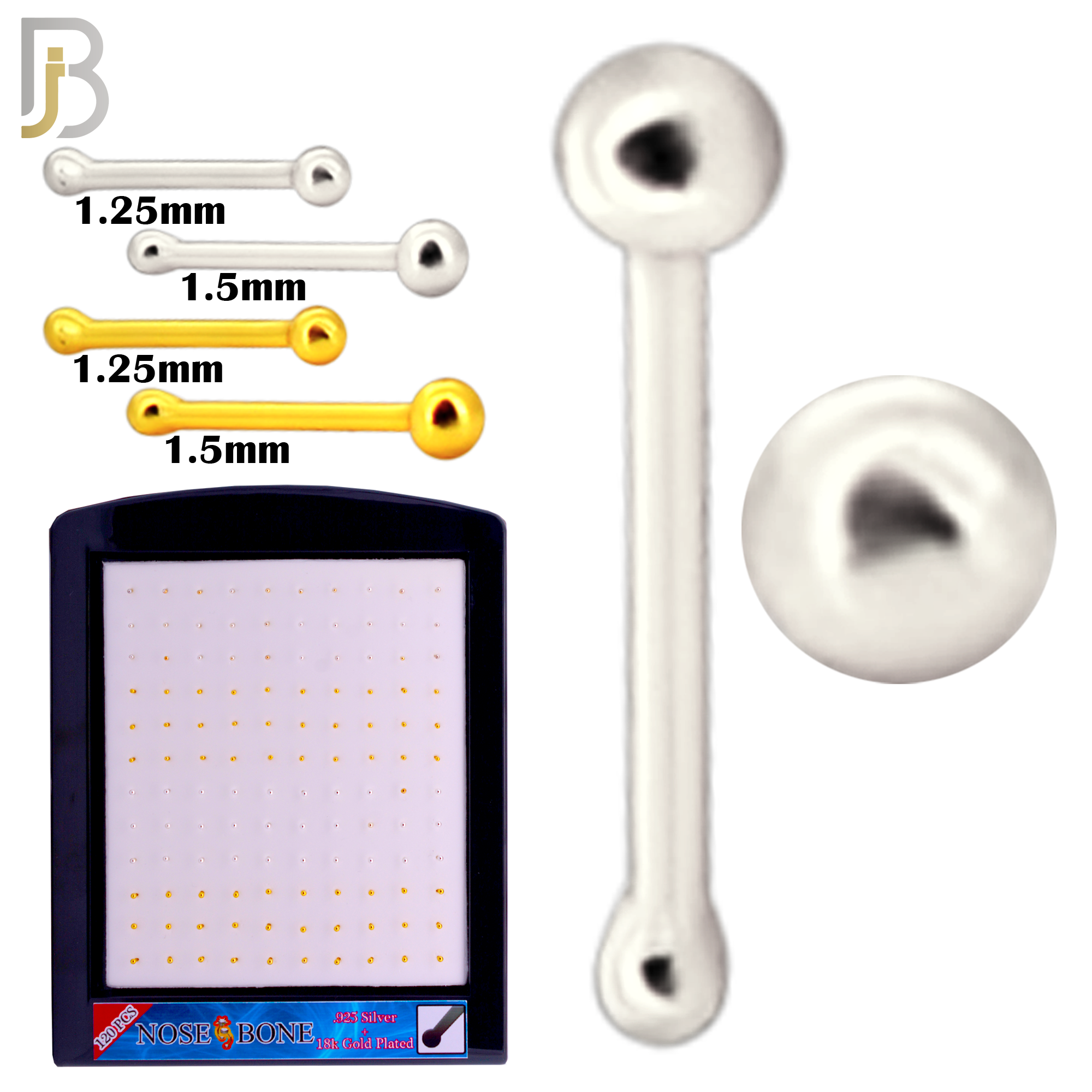 925-PK-NR07YS - 120 Pcs, 925 Sterling Silver Nose Bones, 22g Thickness, Include Plain Ball Silver 1.25mm (30pcs) 1.5mm (30pcs) 18k Gold Plating 1.25mm (30pcs) 1.5mm (30pcs) Packages image 1