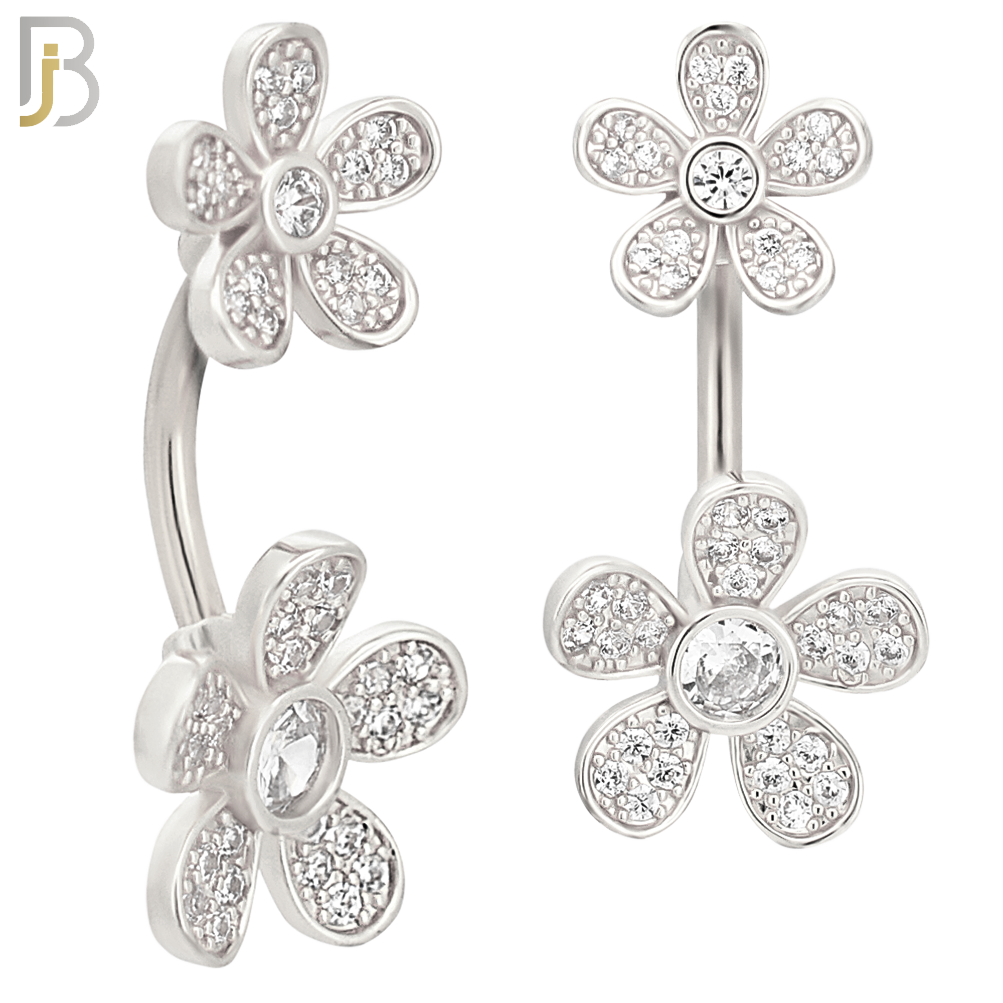 NB78 - 316L Stainless Steel Banana Belly Ring with Double Flower with Multi Cubic Zirconia image 1