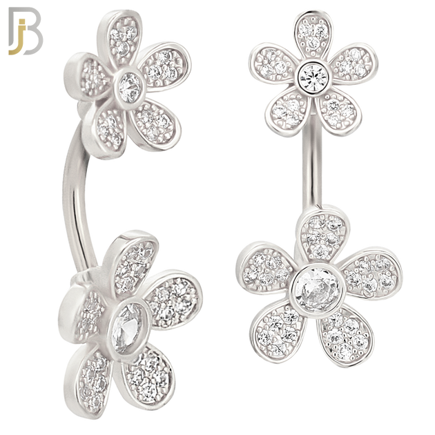 NB78 - 316L Stainless Steel Banana Belly Ring with Double Flower with Multi Cubic Zirconia image 1