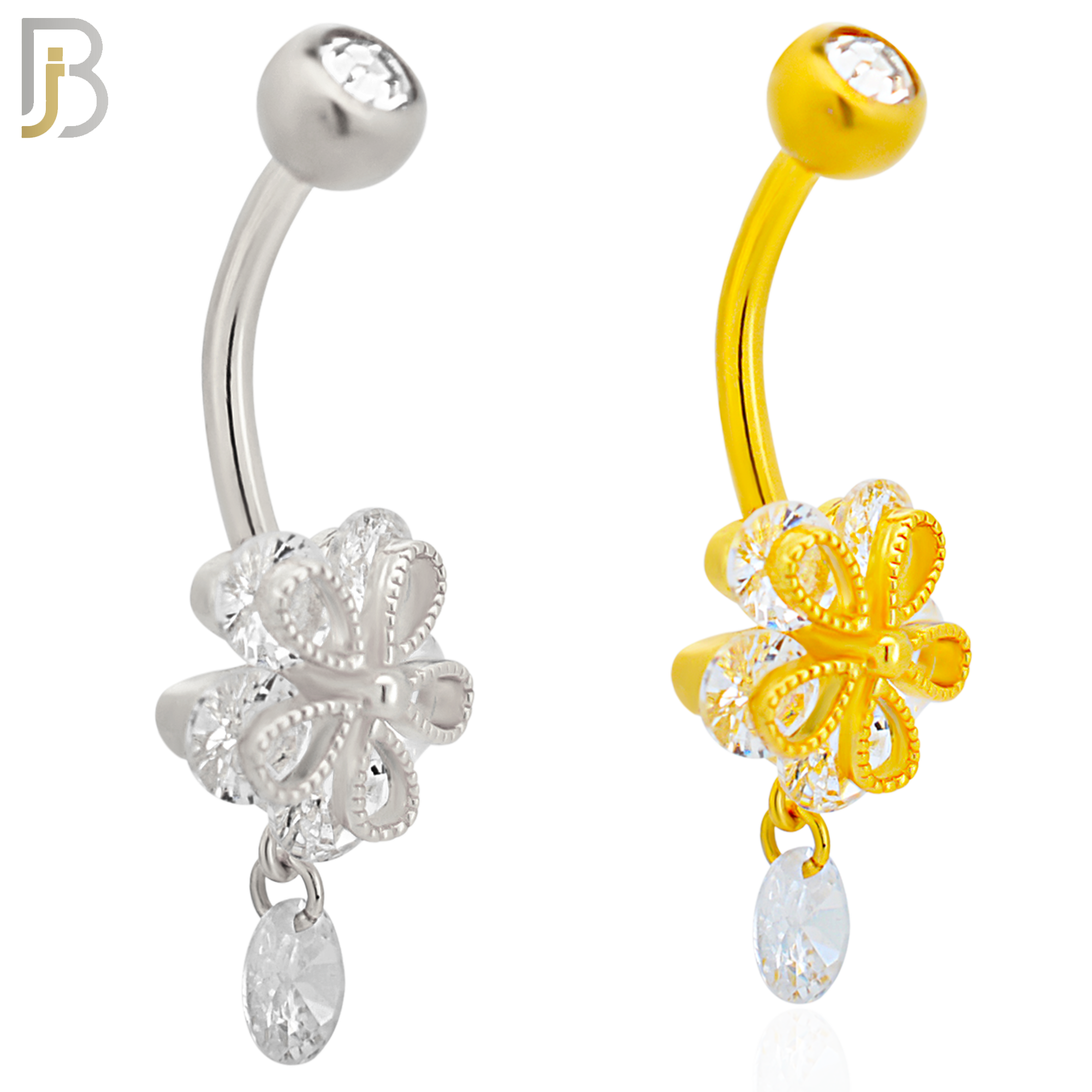 NB91 - 316L Stainless Steel Flower with Dangle CZ  Design CZ Banana Belly Ring and 5mm Screw Top image 0