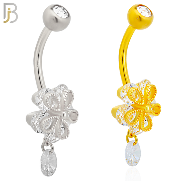 NB91 - 316L Stainless Steel Flower with Dangle CZ  Design CZ Banana Belly Ring and 5mm Screw Top image 0