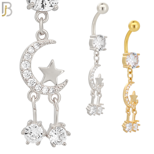 N071 - 316L Stainless Steel Dangling Crescent Moon and Star Design Belly Ring with 5mm Screw Ball image 0