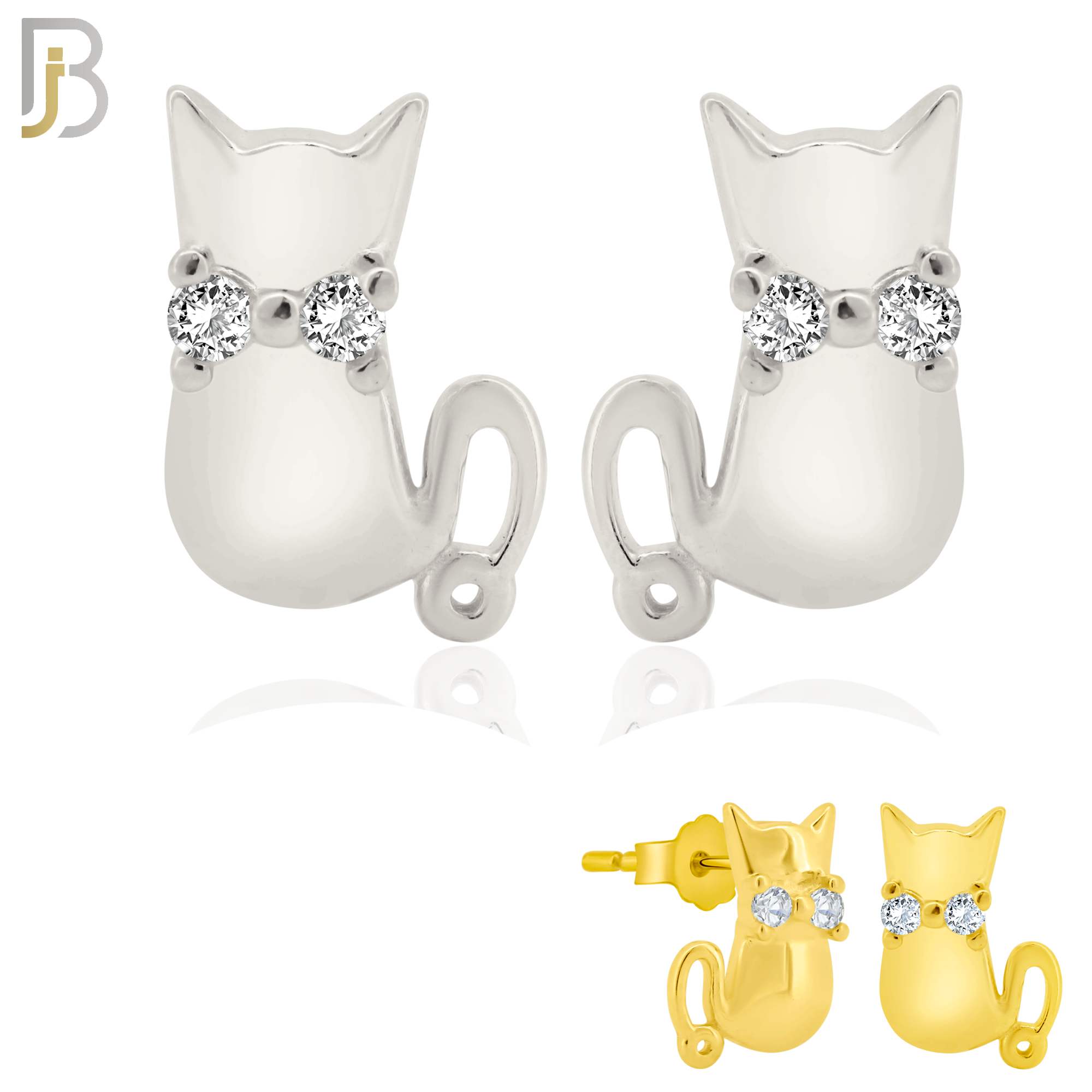 925-ES202 - Push Back - .925 Sterling Silver Cat Design Earring Stud with Clear Zircon image 0
