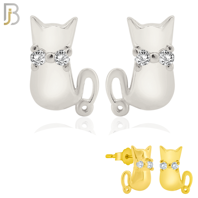 925-ES202 - Push Back - .925 Sterling Silver Cat Design Earring Stud with Clear Zircon image 0