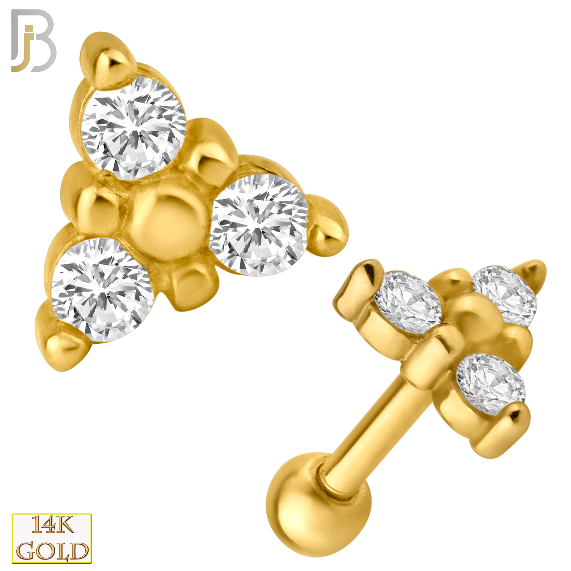 14-TB20 - 14k Yellow Gold Screw Back Three Stone Triangle Shape Tragus Barbell Cartilage Earring image 0