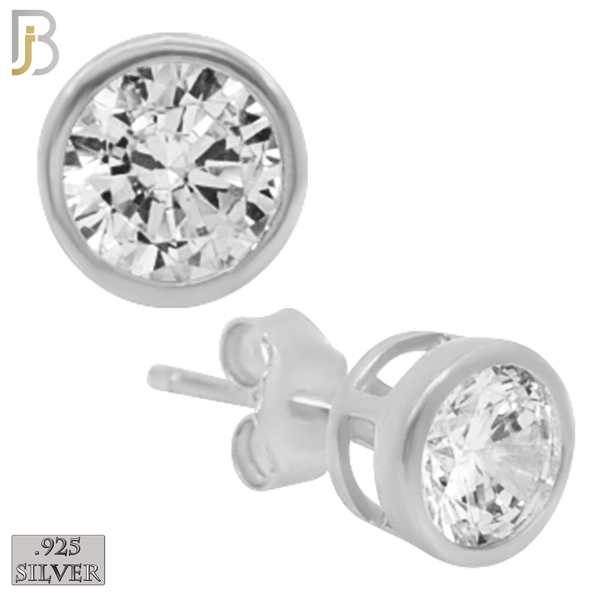 925-ES55-SC - .925 Sterling Silver Rhodium Plated Earring Stud Round Bezel Setting Clear Zircon image 0