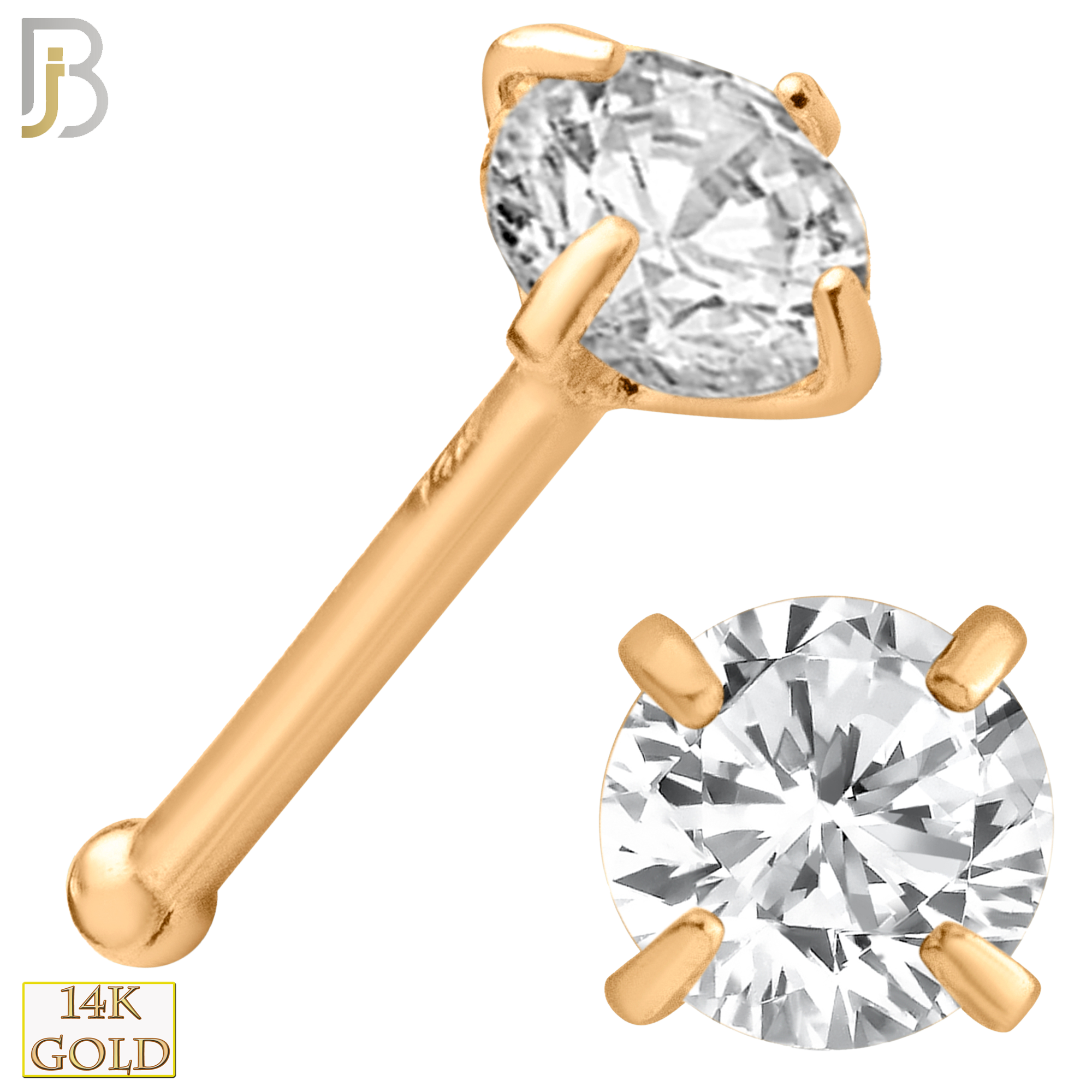 14-NR01CR-22 - 14k Solid  Rose Gold 22g Prong Setting  Round Cubic Zircona Nose Bone - 3.5mm image