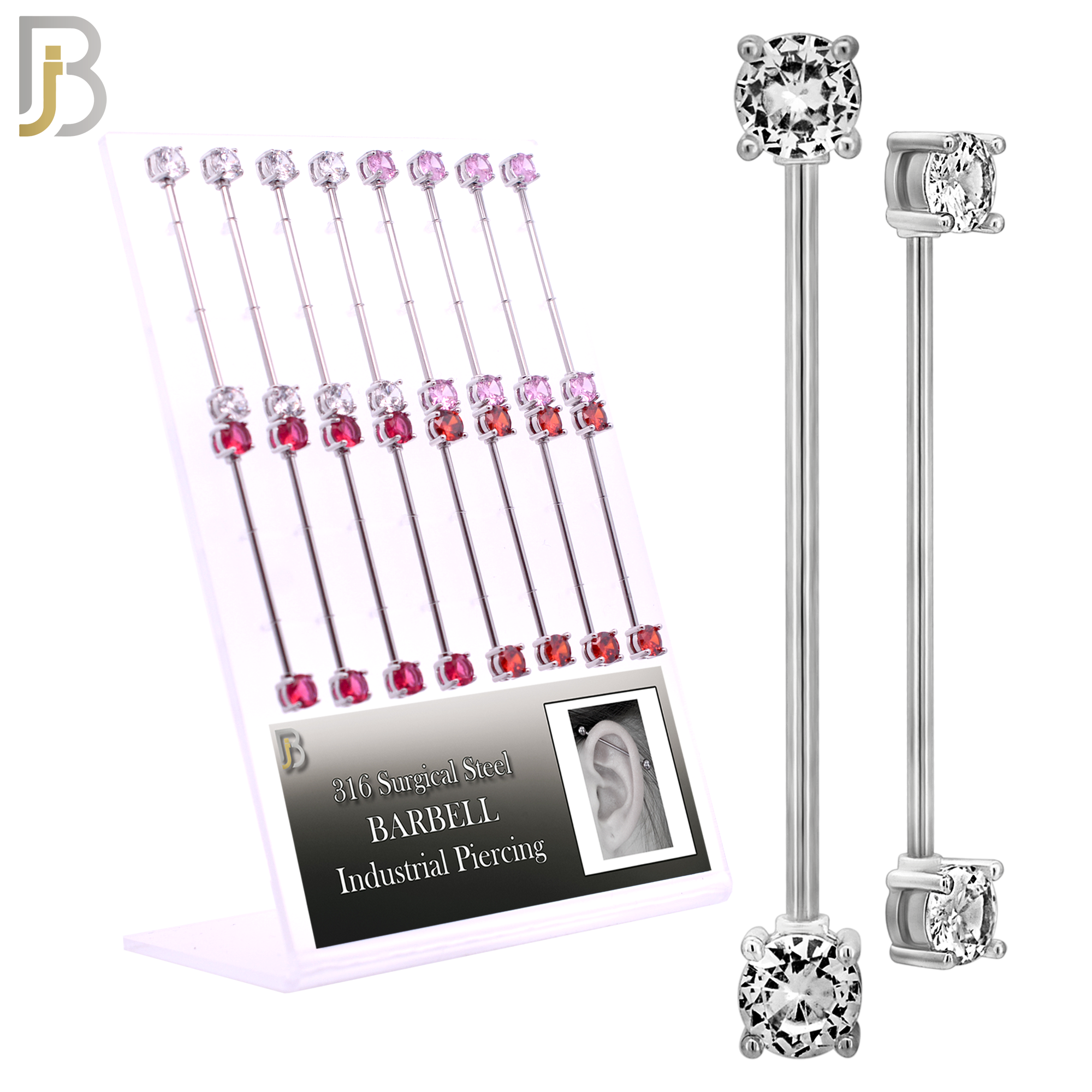 PK-BB37SM - 14g - 38mm - 6mm CZ - 316L Surgical Steel Industrial Barbell with CZ in Prong Setting External Threaded Pack of 16 image 0