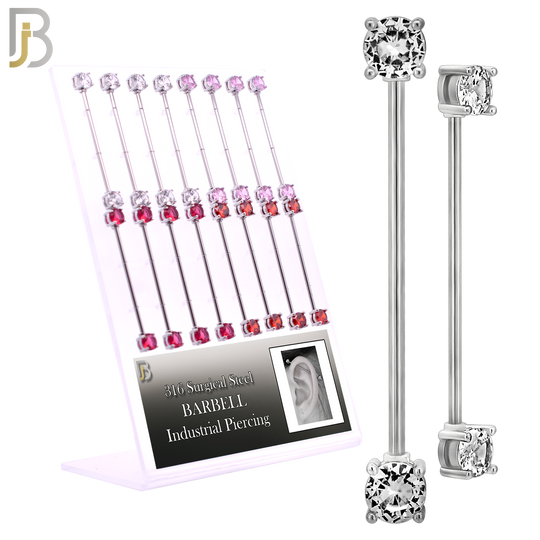PK-BB37SM - 14g - 38mm - 6mm CZ - 316L Surgical Steel Industrial Barbell with CZ in Prong Setting External Threaded Pack of 16 image 0