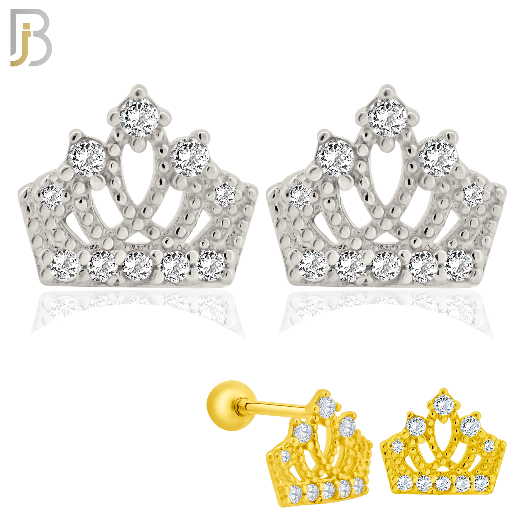 925-ES209 - Screw Ball Back - .925 Sterling Silver Crown Design Earring Stud with Clear Zircon image 0
